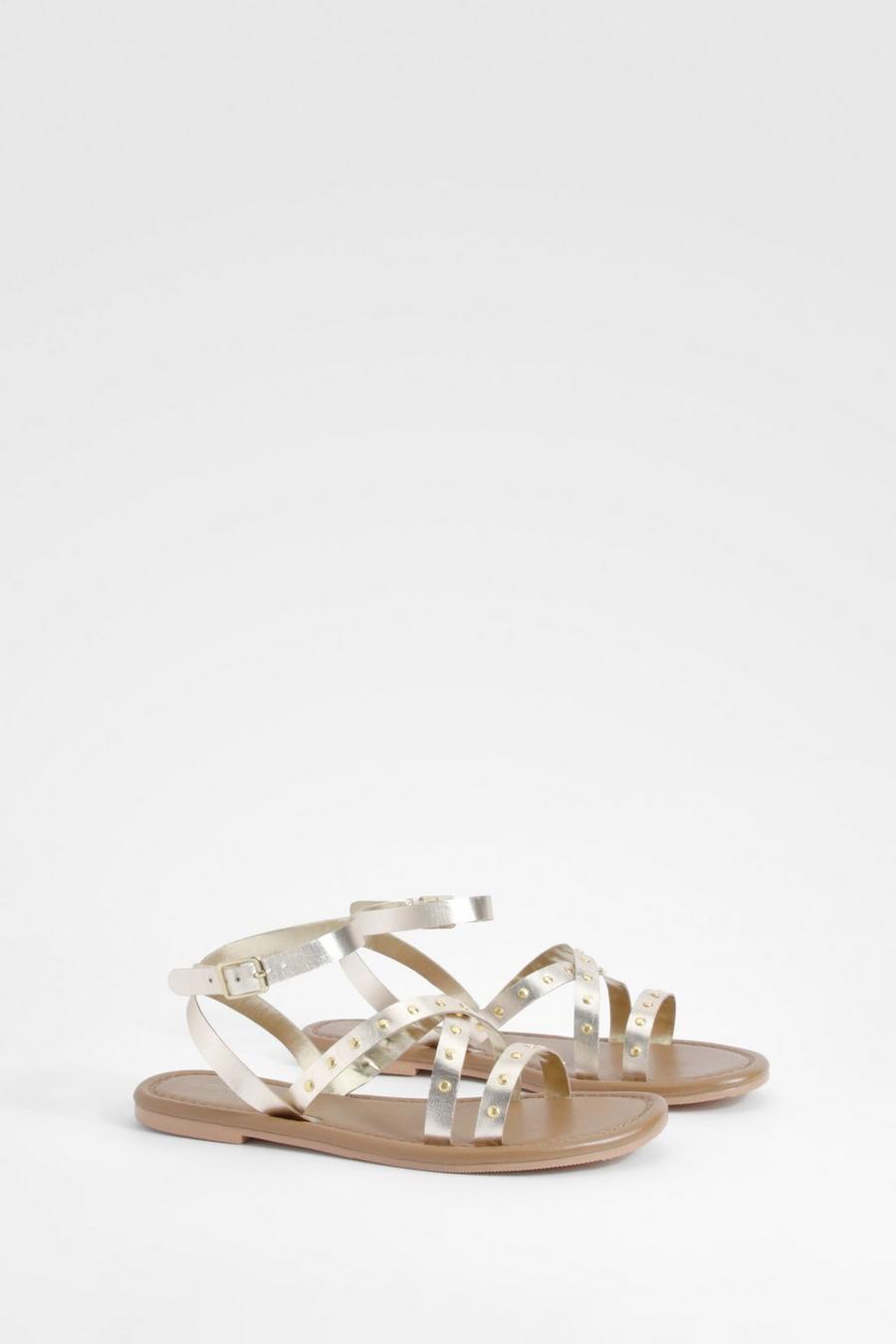 Gold Wide Width Leather Studded 2 Part Sandals image number 1