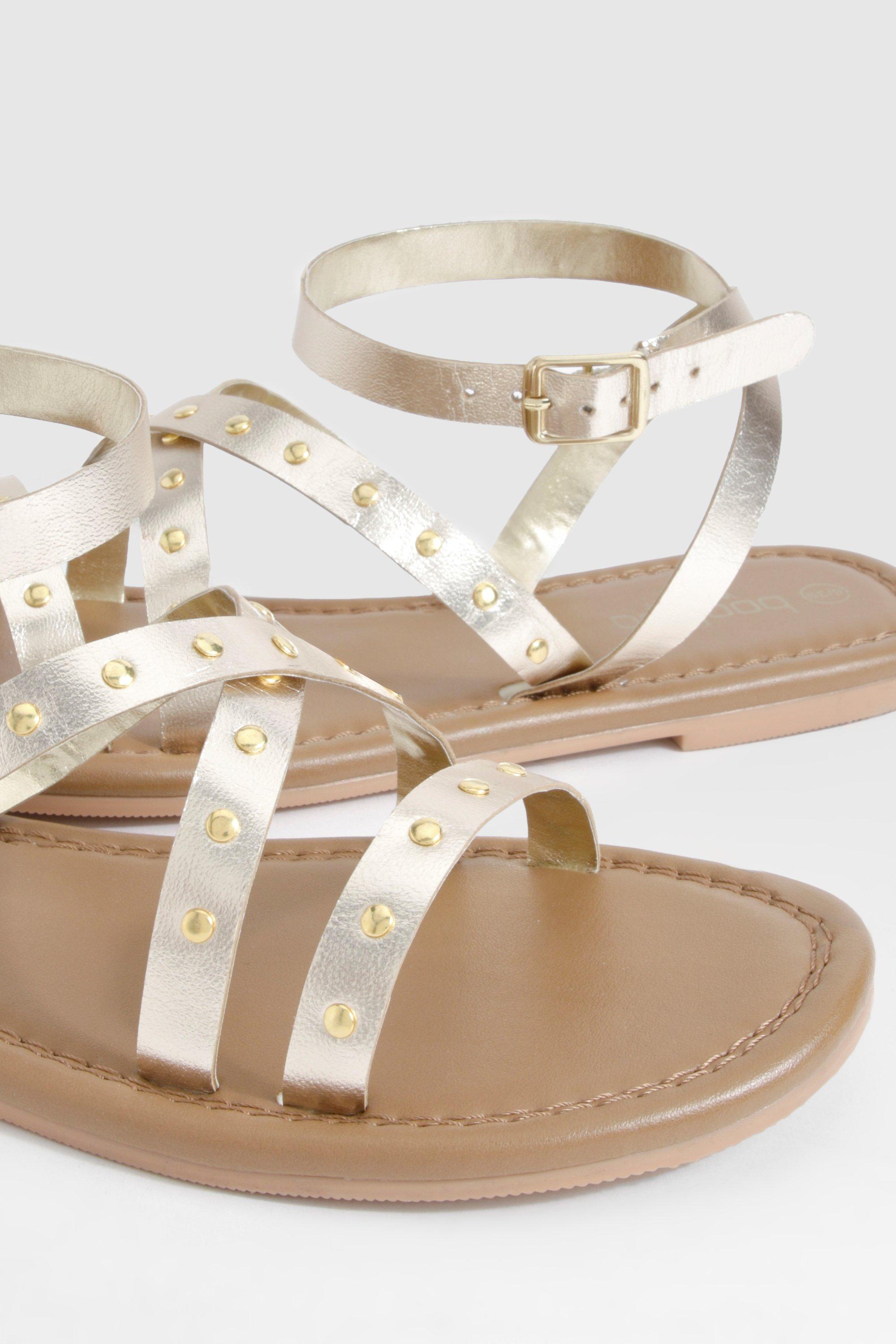 Wide Fit Leather Studded 2 Part Sandals boohoo UK