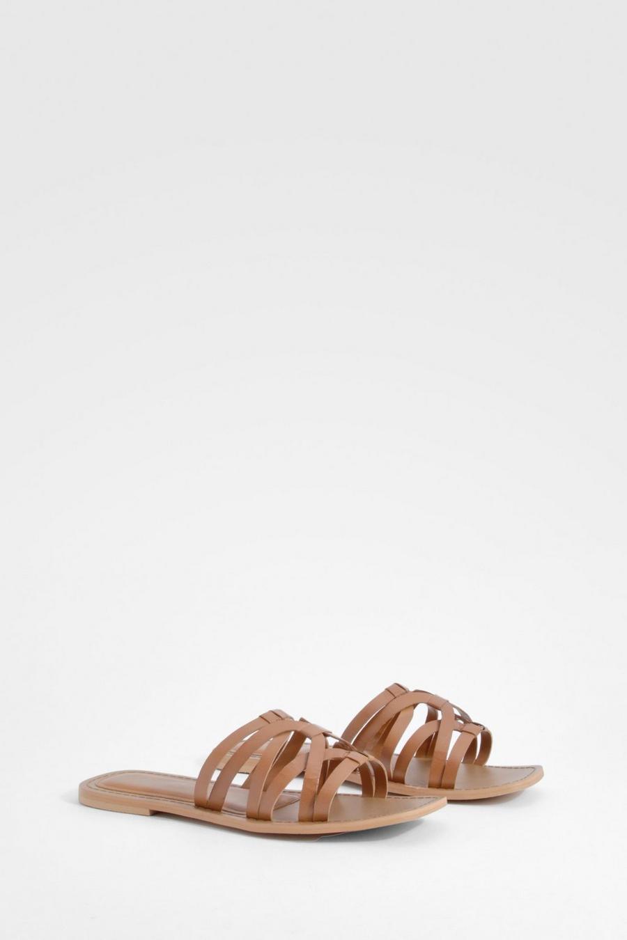 Tan Wide Fit Leather Caged Mules image number 1
