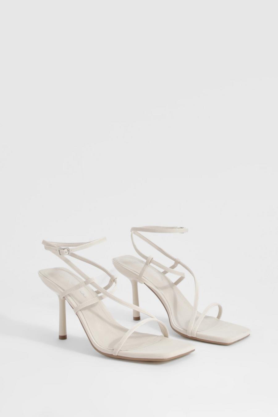 Ecru white Square Toe Strappy Mid Height Heels
