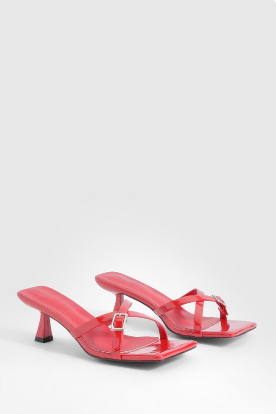 Red Patent Square Toe Buckle Detail Low Heeled Mules image number 1