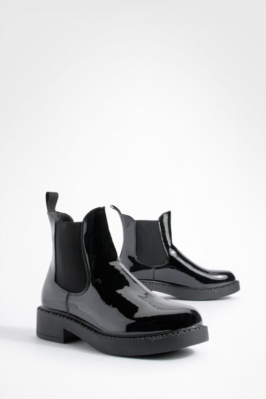 Black Patent Tab Detail Chelsea Boots  