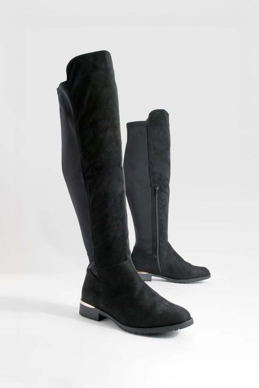 Black Wide Width Metal Detail Knee High Boots