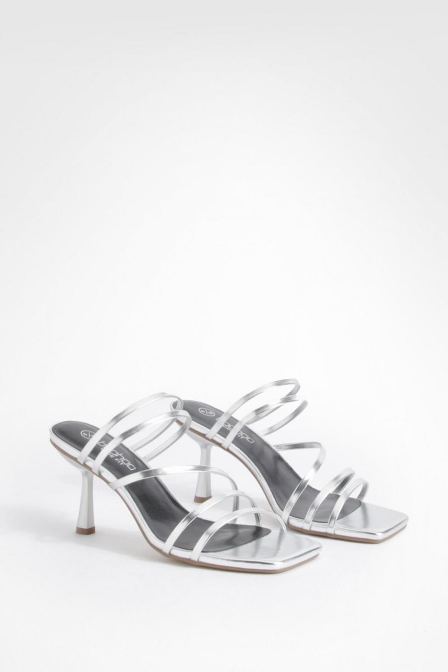 Sandali Mules a calzata ampia metallizzati con laccetti bassi e tacco a spillo, Silver