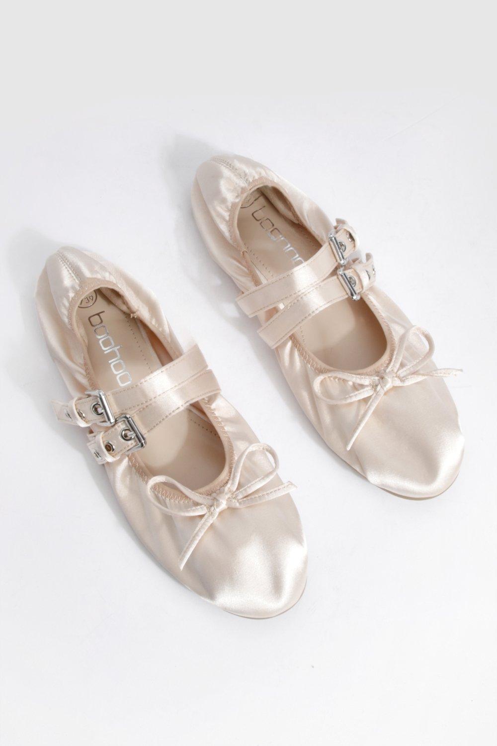 Strap Detail Eyelet Satin Ballet Pumps | boohoo