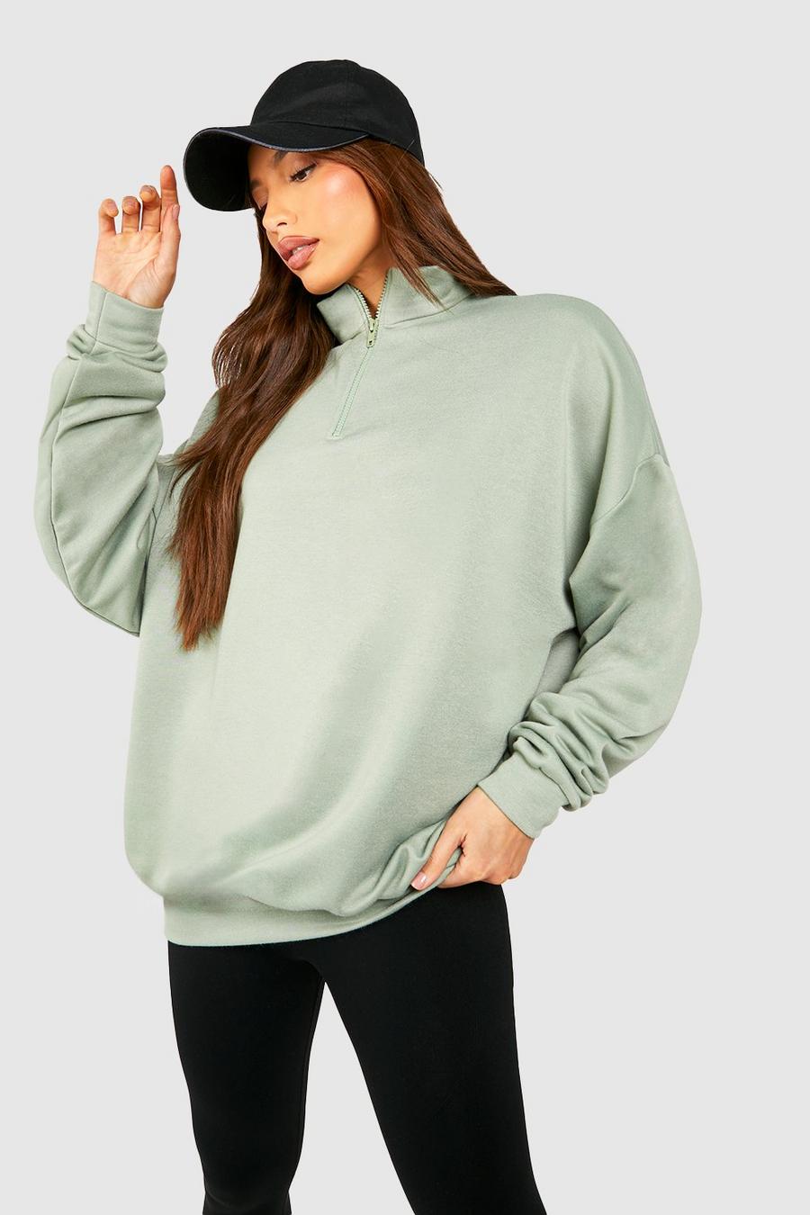 Tall Oversize Sweatshirt mit halbem Reißverschluss, Sage image number 1