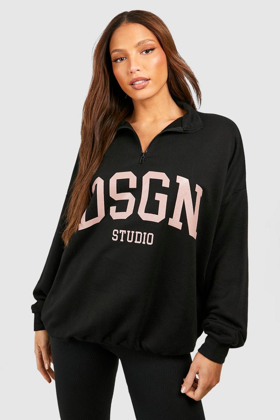 Tall Oversize Sweatshirt mit Reißverschluss und Dsgn Print, Black image number 1