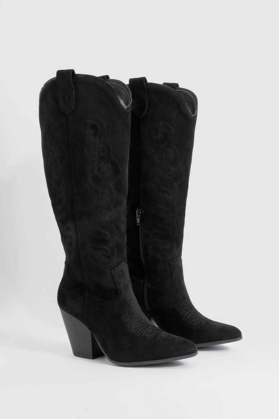 Black Embroidered Knee High Western Cowboy Boots