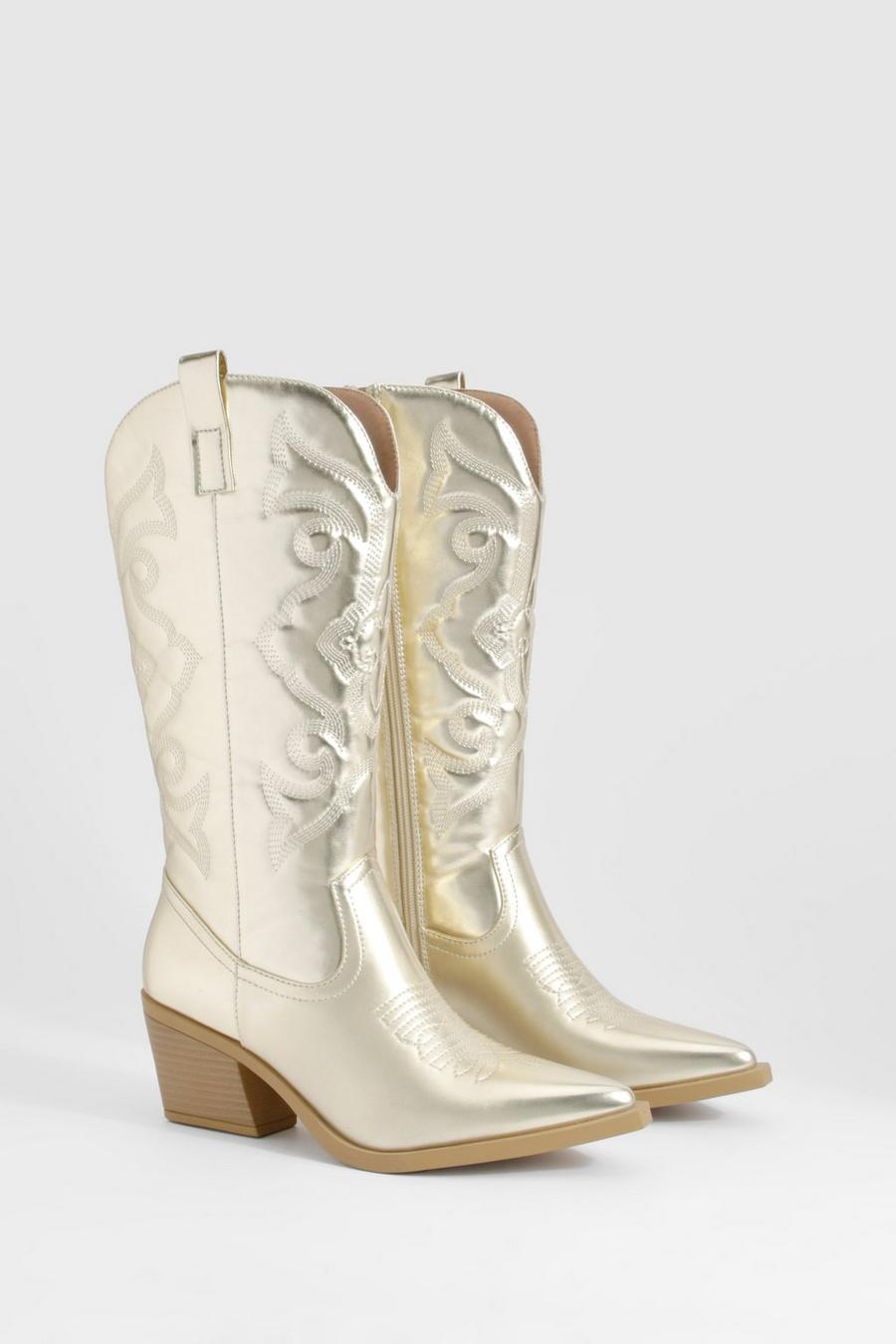 Gold Metallic Embroidered Pu Western Cowboy Boots