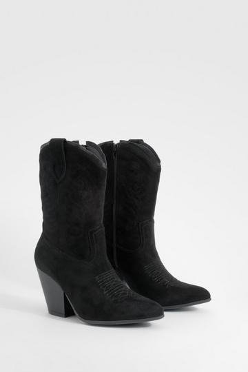 Tab Detail Calf High Western Cowboy Boots Happy black