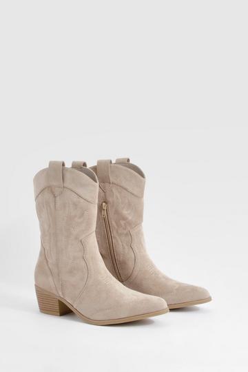 Stone Beige Embroidered Western Ankle Cowboy Boots