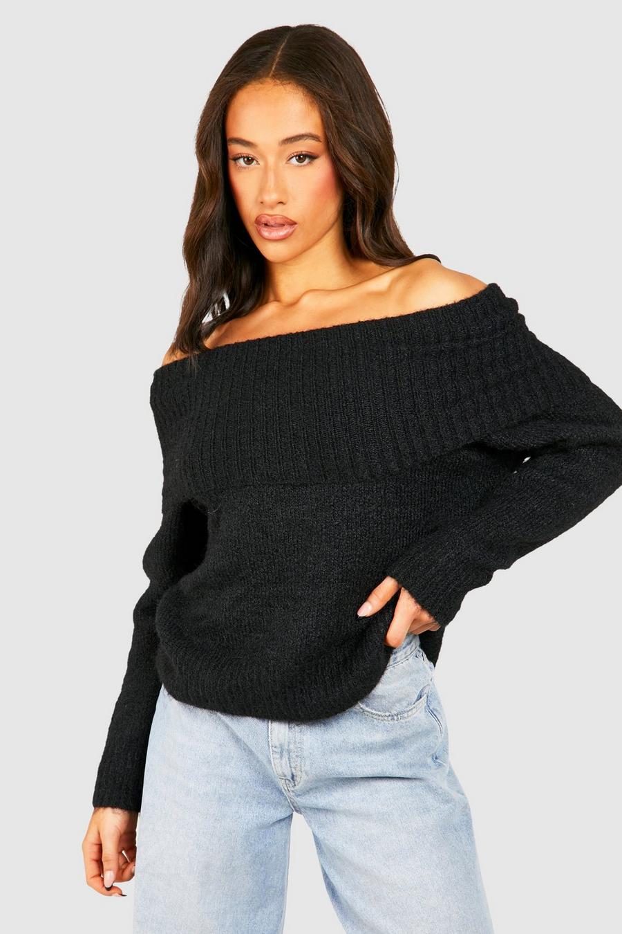 Black Premium Soft Knit Off The Shoulder Oversized Sweater