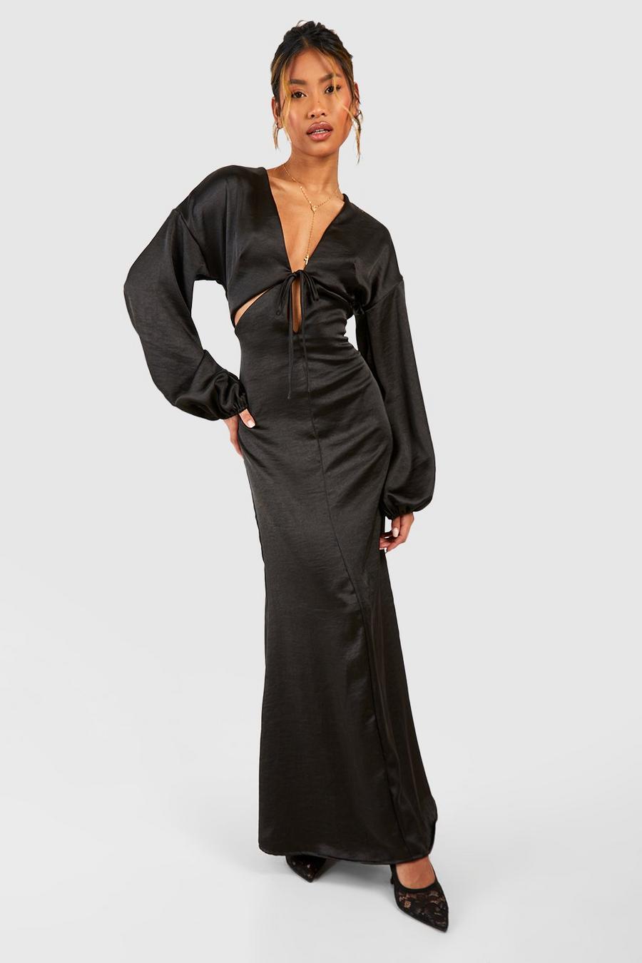 Black Satin Cut Out Blouson Sleeve Maxi Dress image number 1