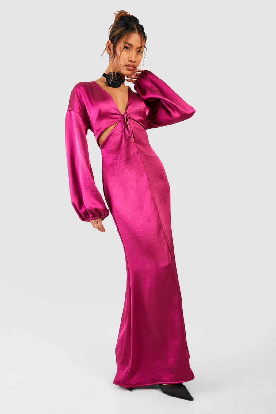 Pink Satin Cut Out Blouson Sleeve Maxi Dress image number 1