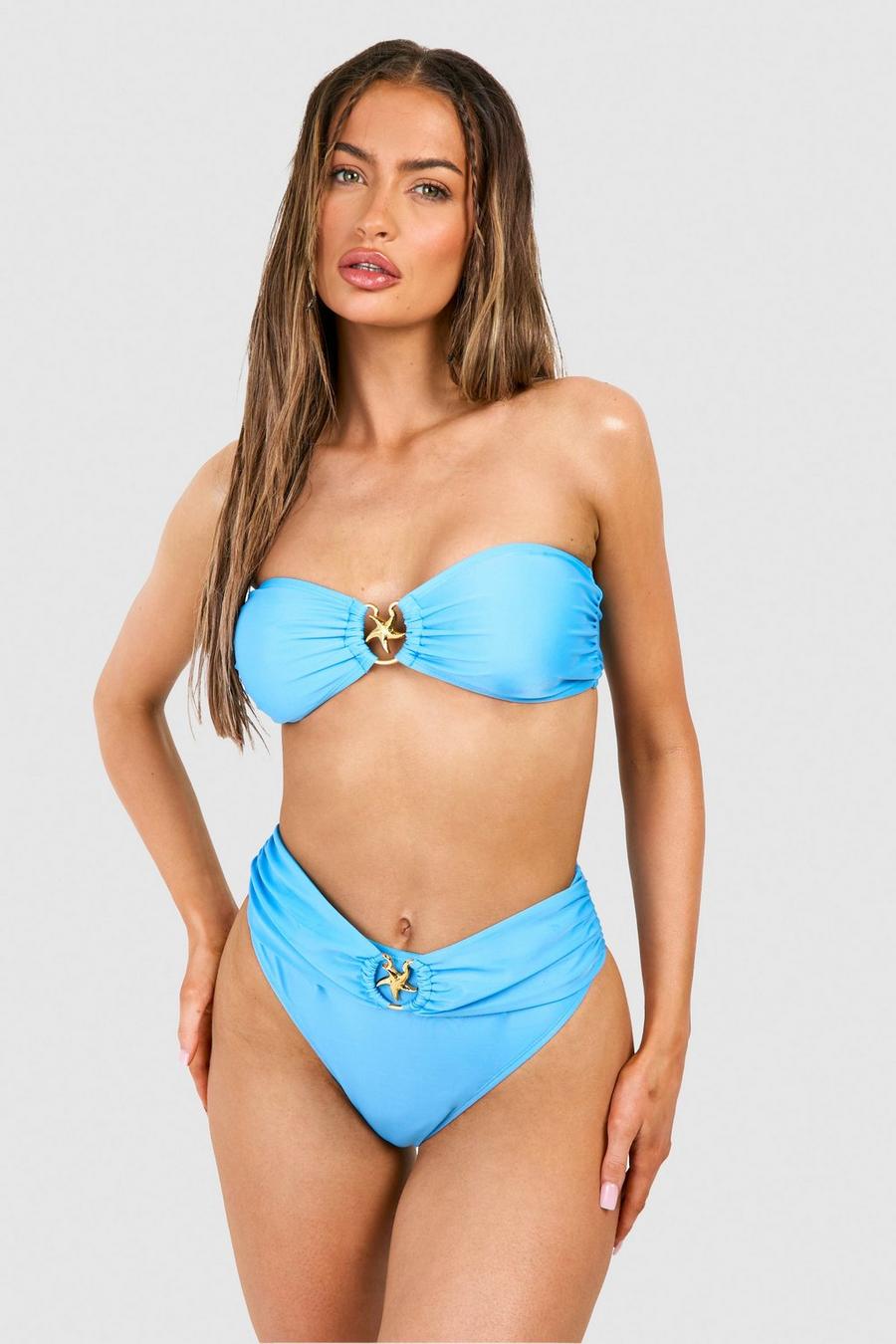 Top bikini a fascia rifinito con stelle marine e laccetti, Blue