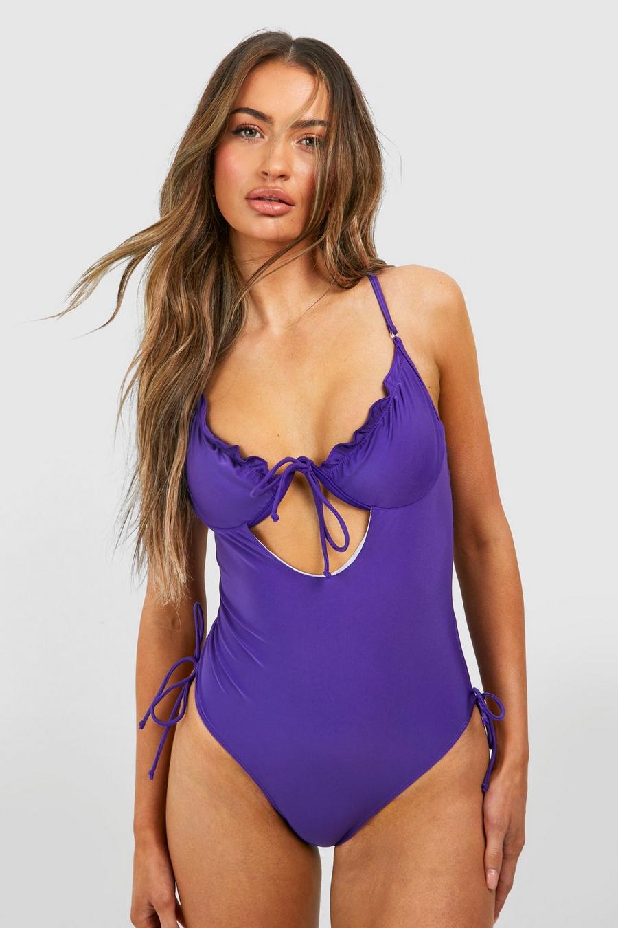 Bügel-Badeanzug mit gerafften Cups, Purple image number 1