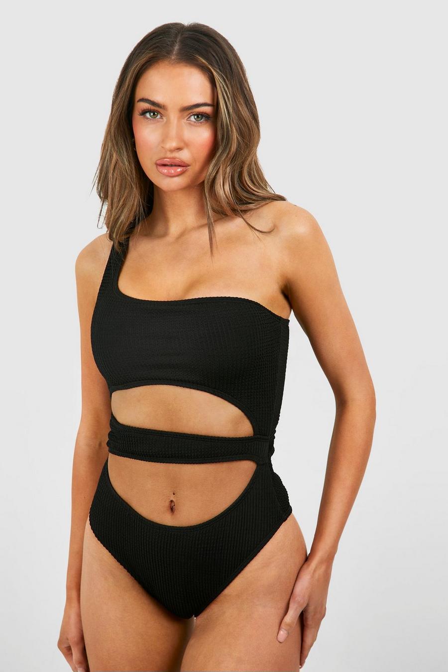 Black Crinkle Cut Out One Shoulder Swimsuit image number 1