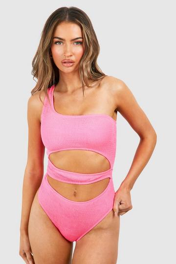 Crinkle Cut Out One Shoulder Swimsuit bright pink