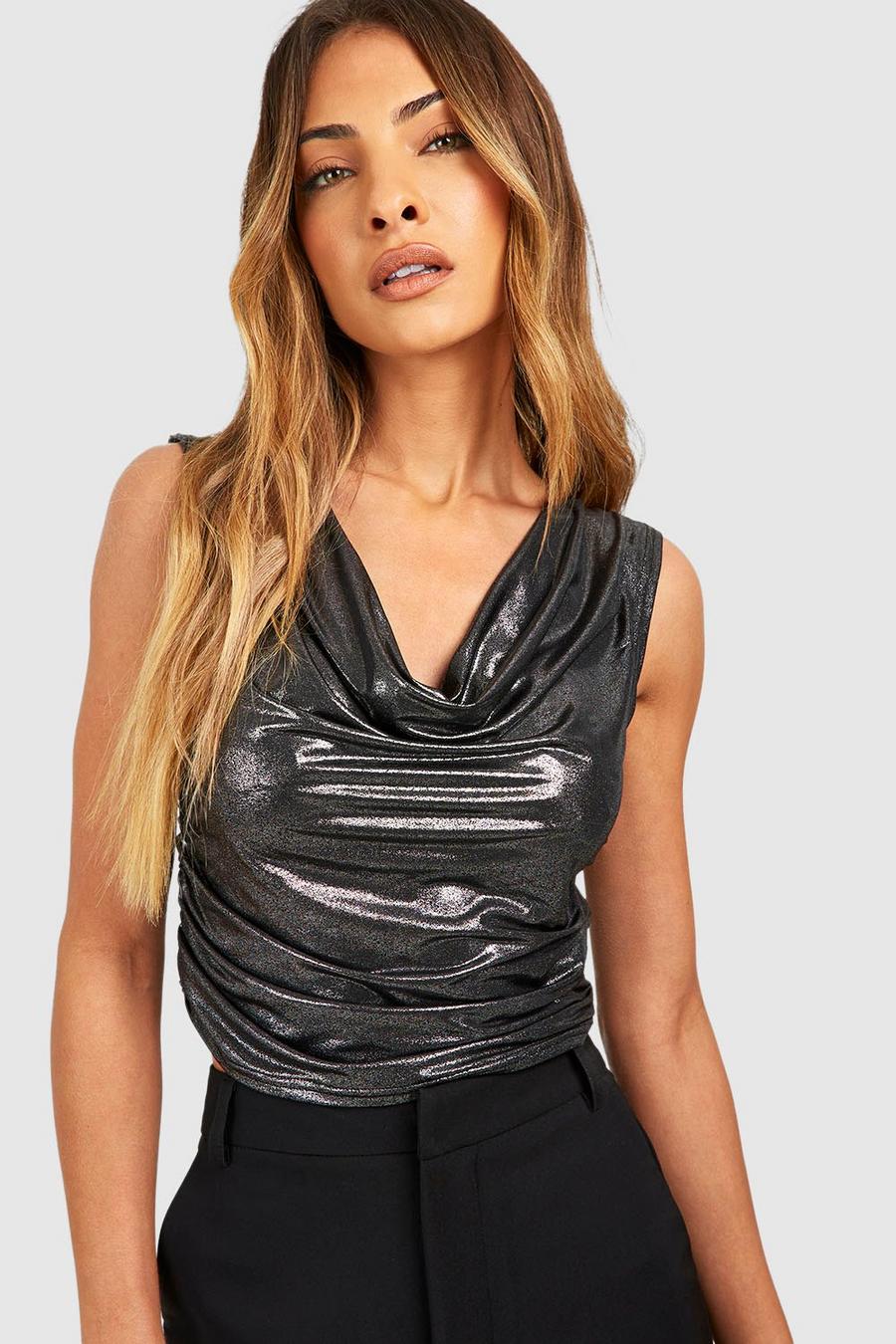Silver Metallic Cowl Neck Top image number 1
