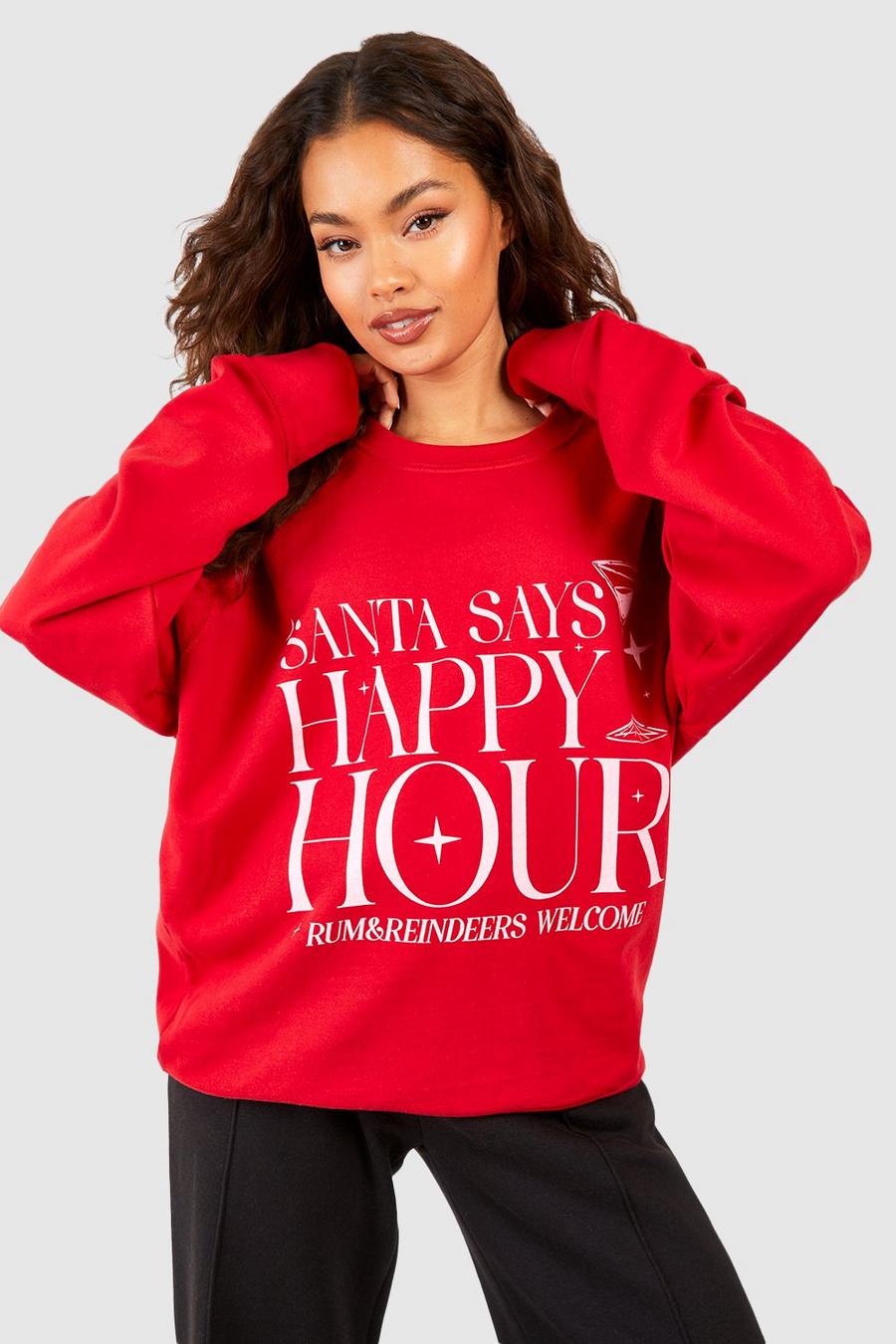 Red Santa Says Happy Hour Printed Christmas Sweatshirt 