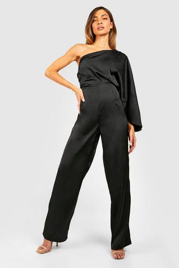 Black Satin One Shoulder Drape Jumpsuit