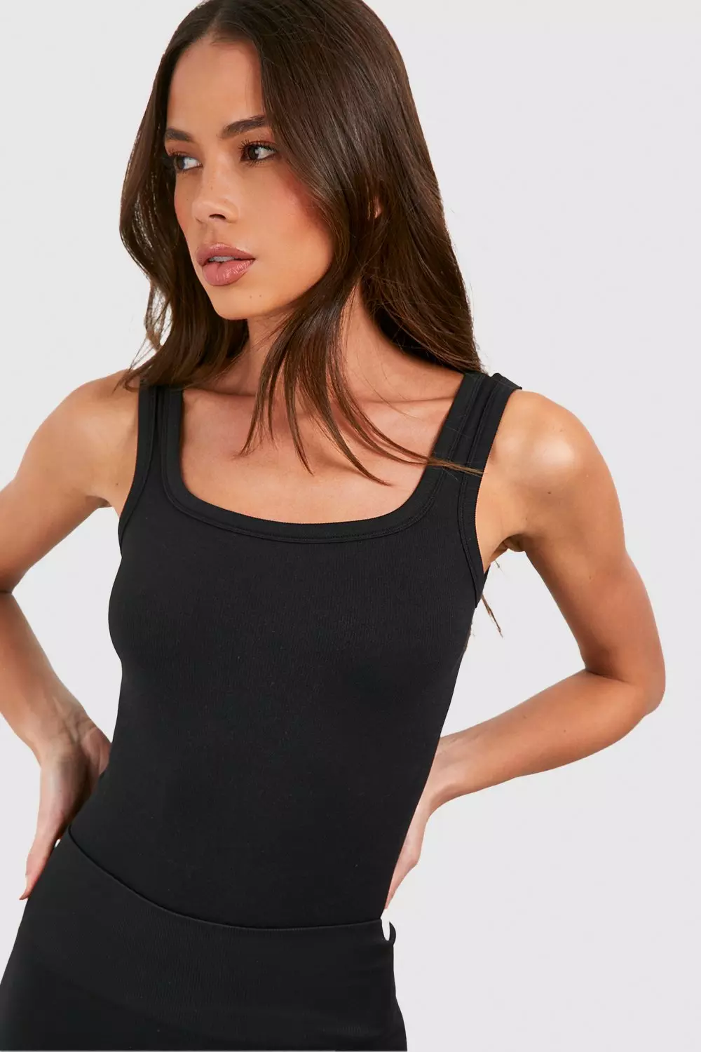 Black Seamless Rib Square Neck Longline Top صورة بديلة
