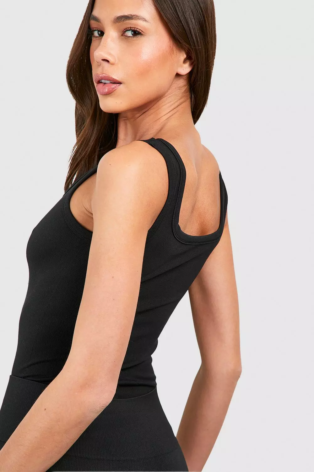 Black Seamless Rib Square Neck Longline Top صورة بديلة