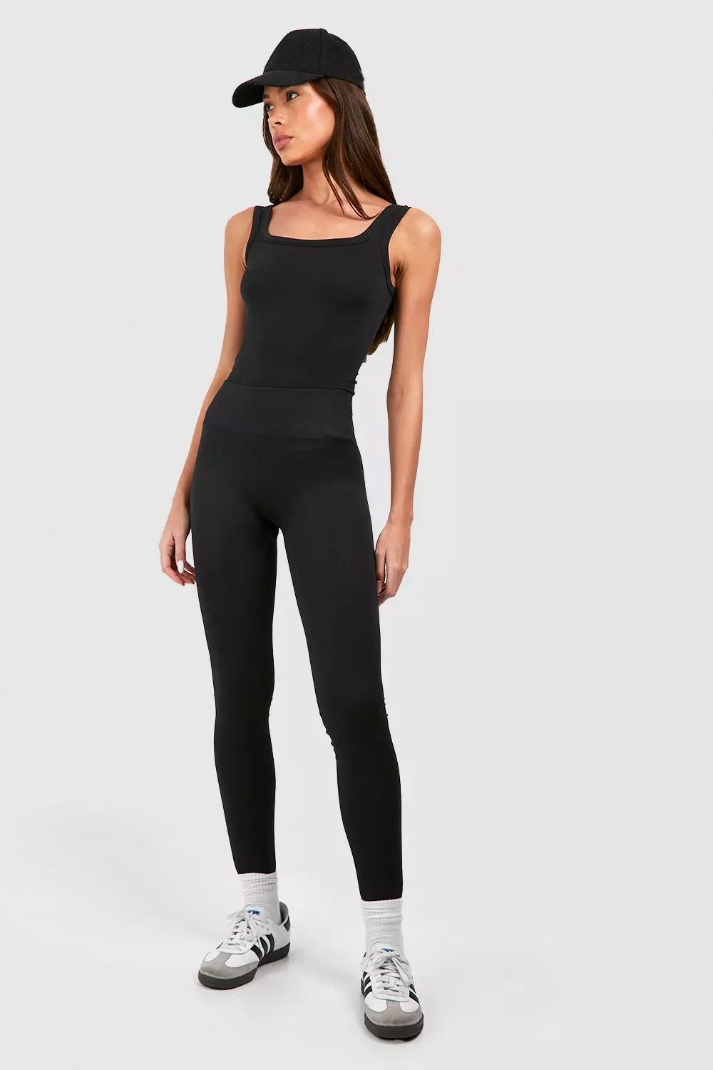 Black Seamless Rib Square Neck Longline Top صورة بديلة