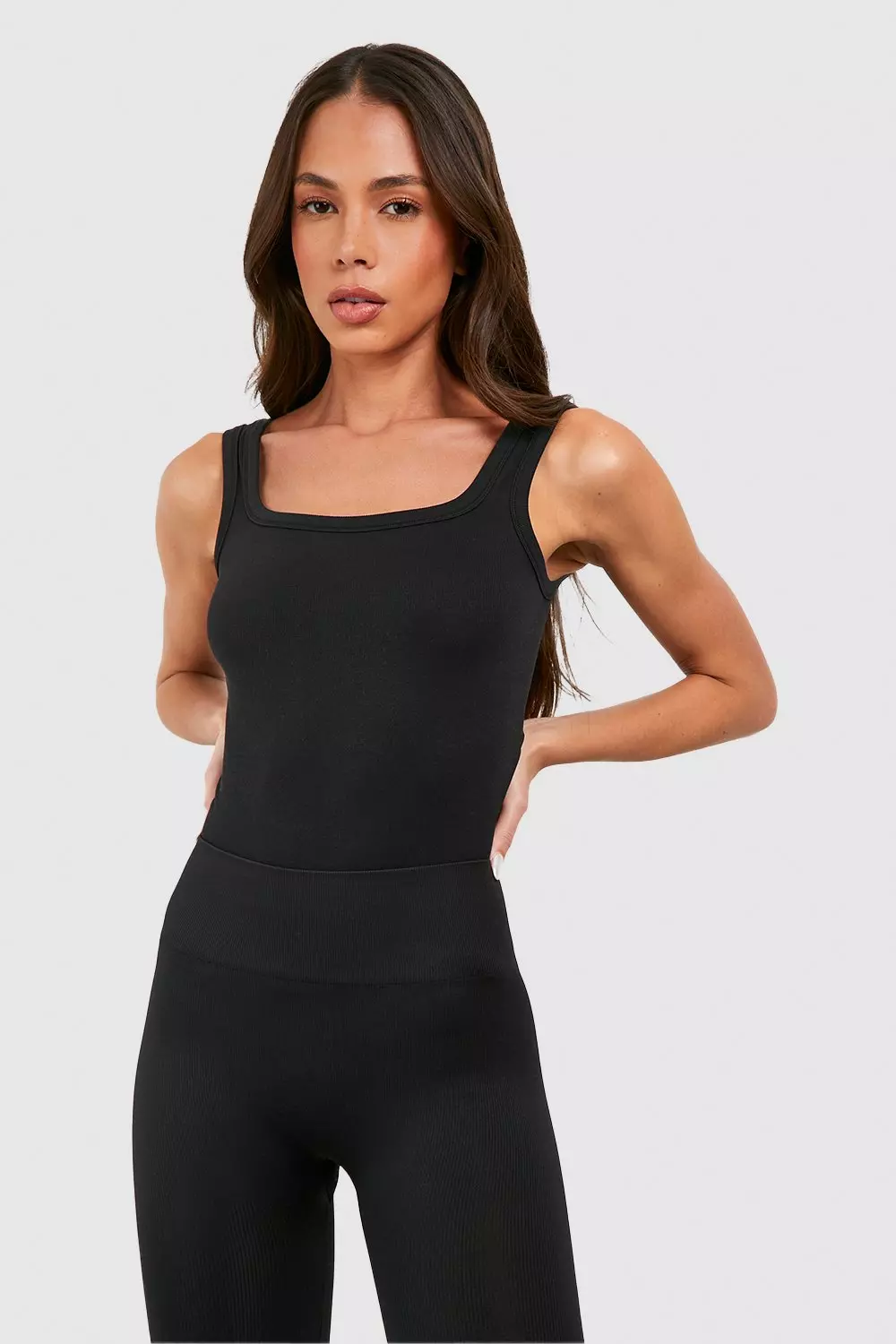 Black Seamless Rib Square Neck Longline Top صورة بديلة
