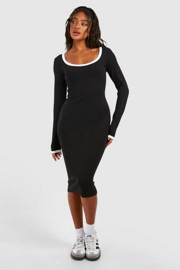 Premium Contrast Binding Long Sleeve Midi Dress black