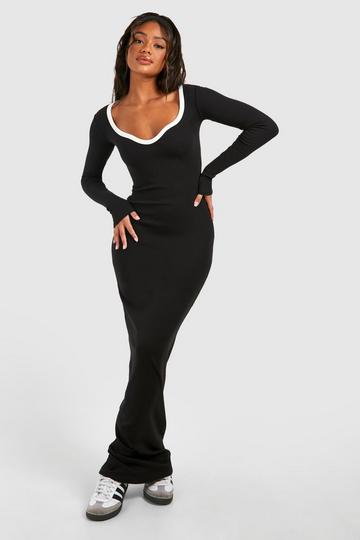 Black Premium Contrast Binding Notch Detail Maxi Dress