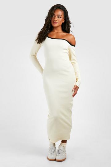 Cream White Premium Contrast Binding Assymetric Midaxi Dress