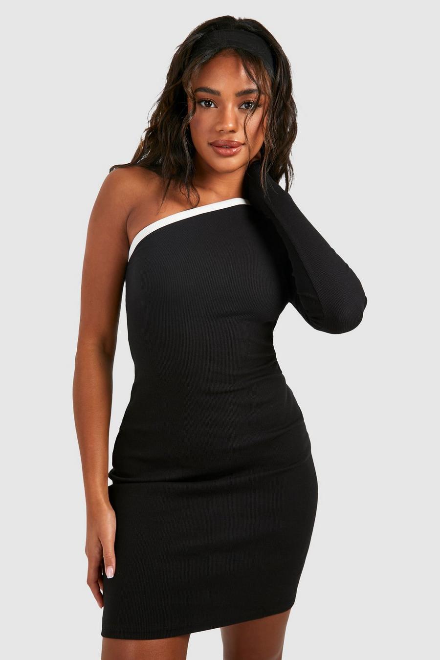 Vestido mini con un hombro descubierto y unión en contraste, Black image number 1
