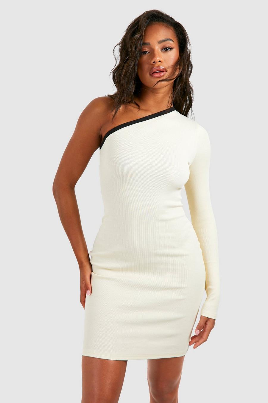 Cream Premium Contrast Binding One Shoulder Mini Dress image number 1