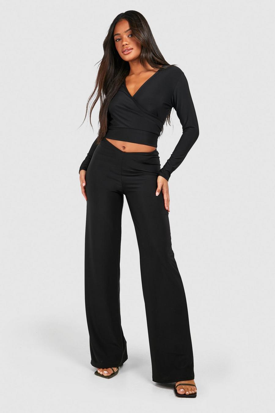 Black V Waist Slinky Wide Leg Pants