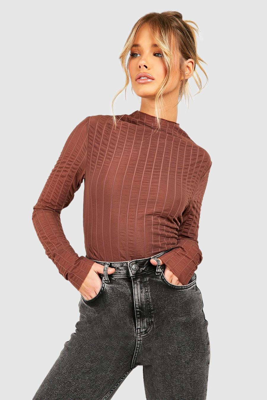 Chocolate brown Textured Mesh High Neck Top