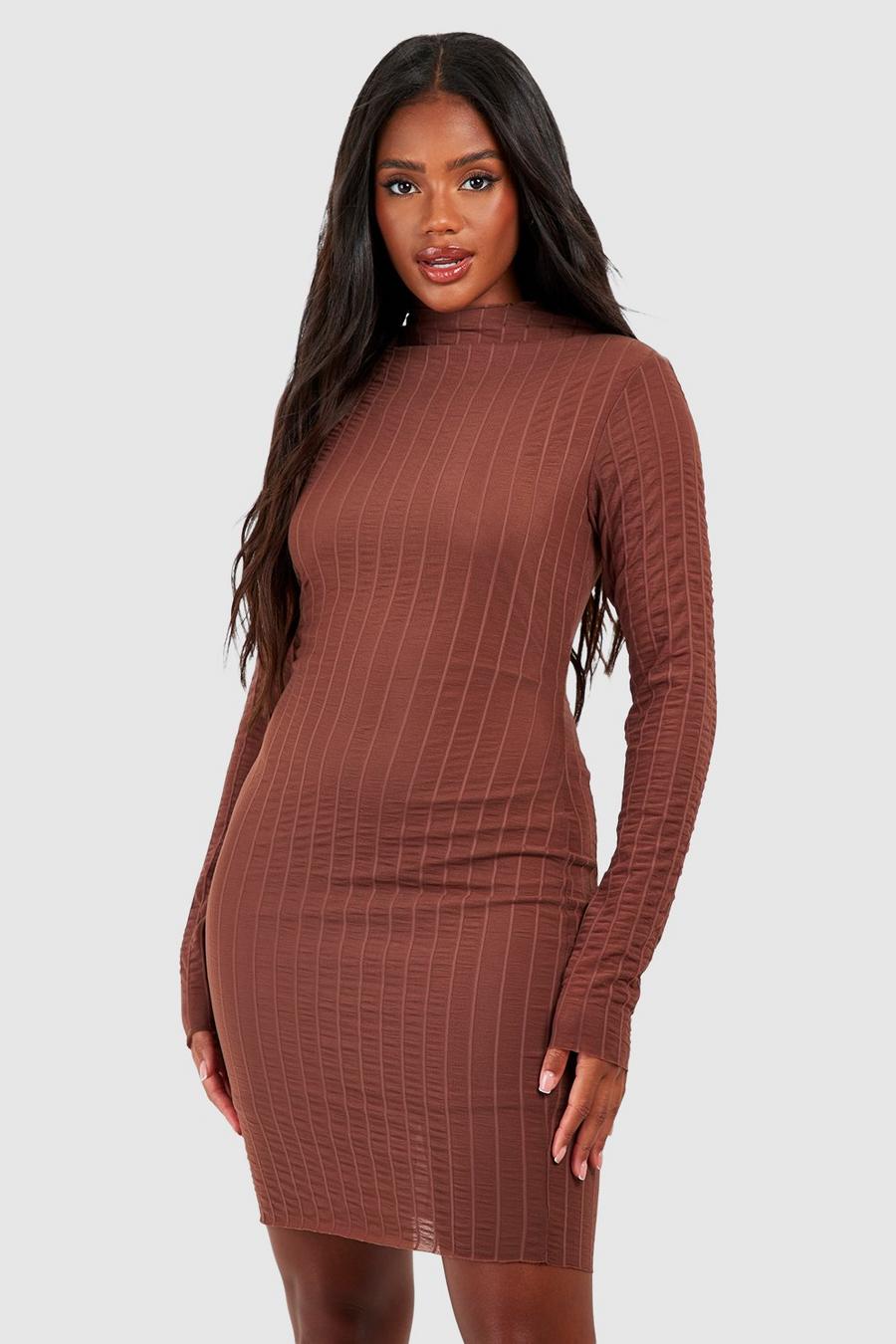 Chocolate Textured Mesh High Neck Mini Dress