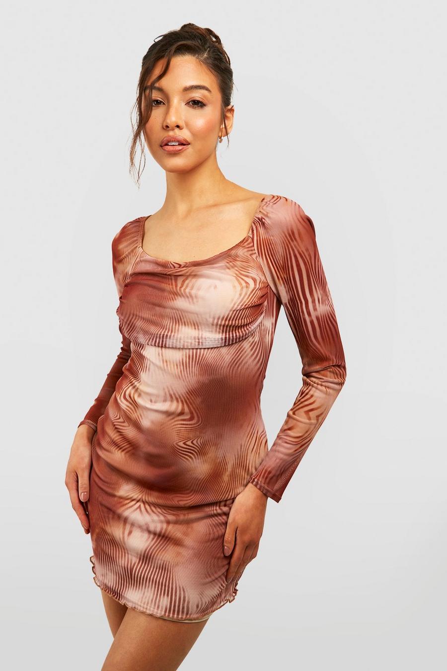 Brown Abstract Print Mesh Long Sleeve Mini Dress image number 1