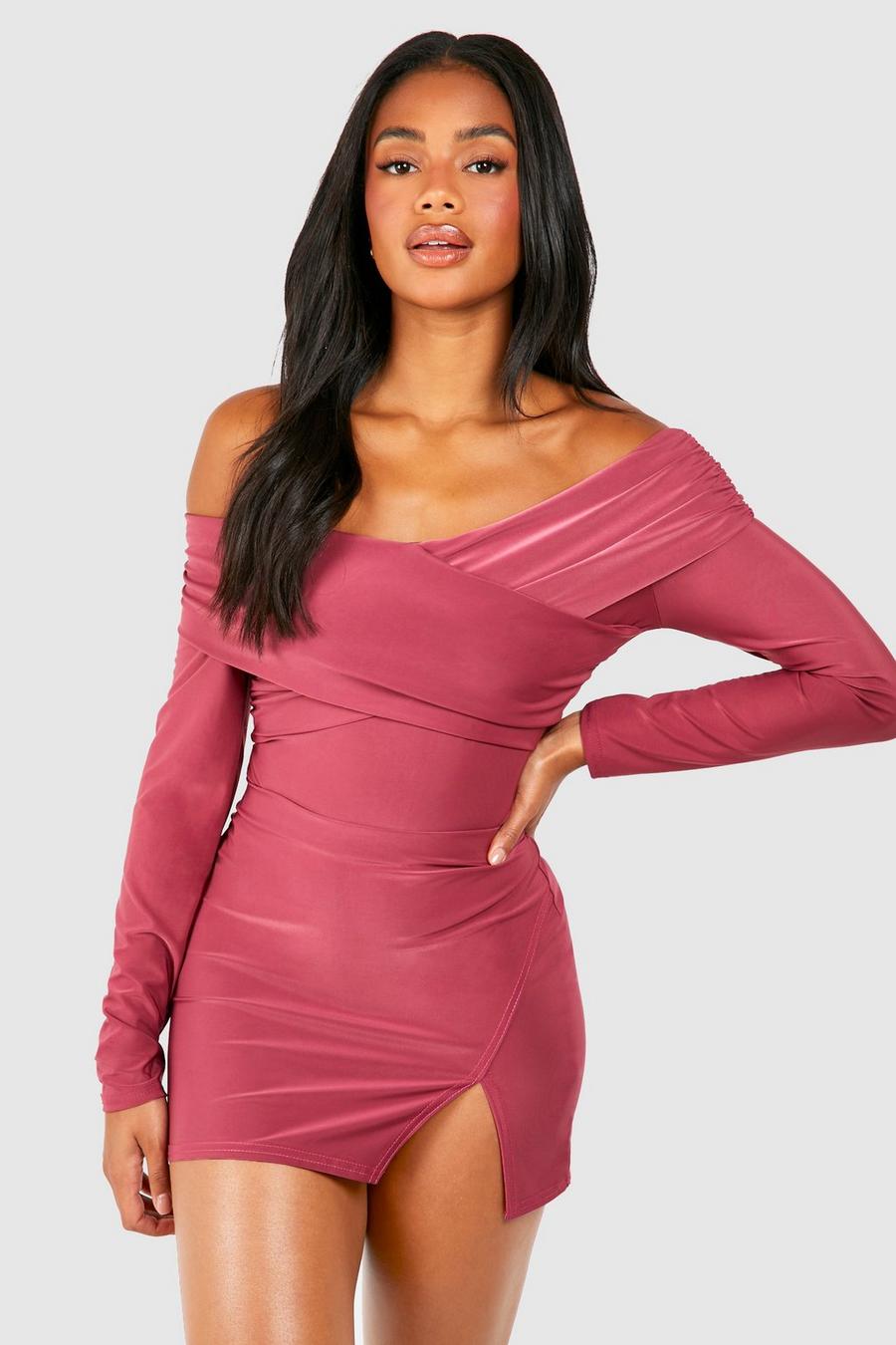 Mauve Ruched Wrap Over Long Sleeve Bodysuit  image number 1