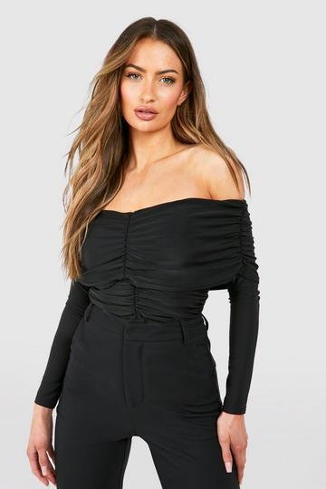 Black Off The Shoulder Ruched Long Sleeve Top