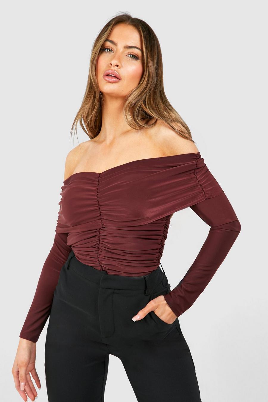 Chocolate Bardot Ruched Long Sleeve Top image number 1