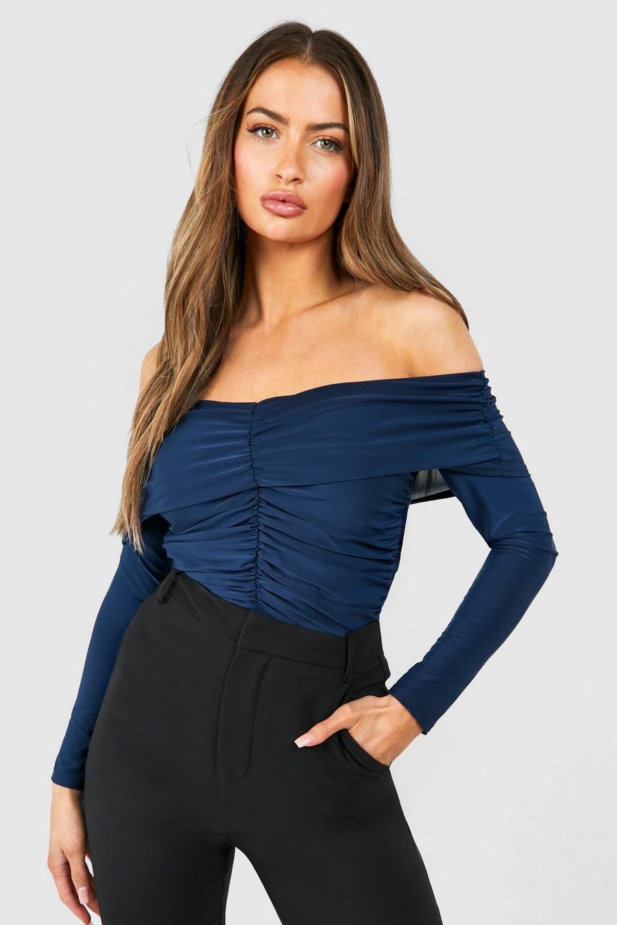 Navy Bardot Ruched Long Sleeve Top image number 1