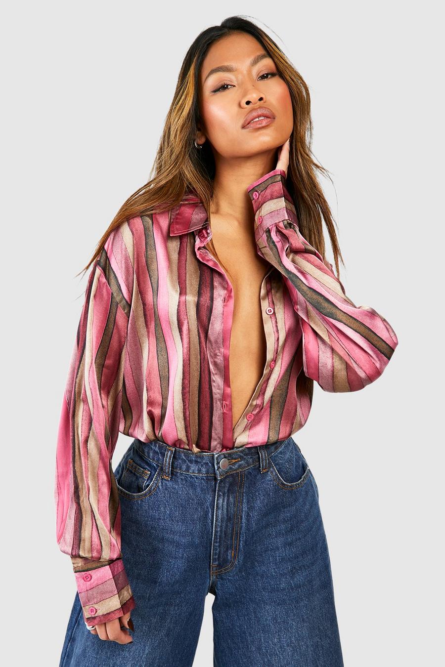 Camicia in raso a righe multiple, Pink image number 1