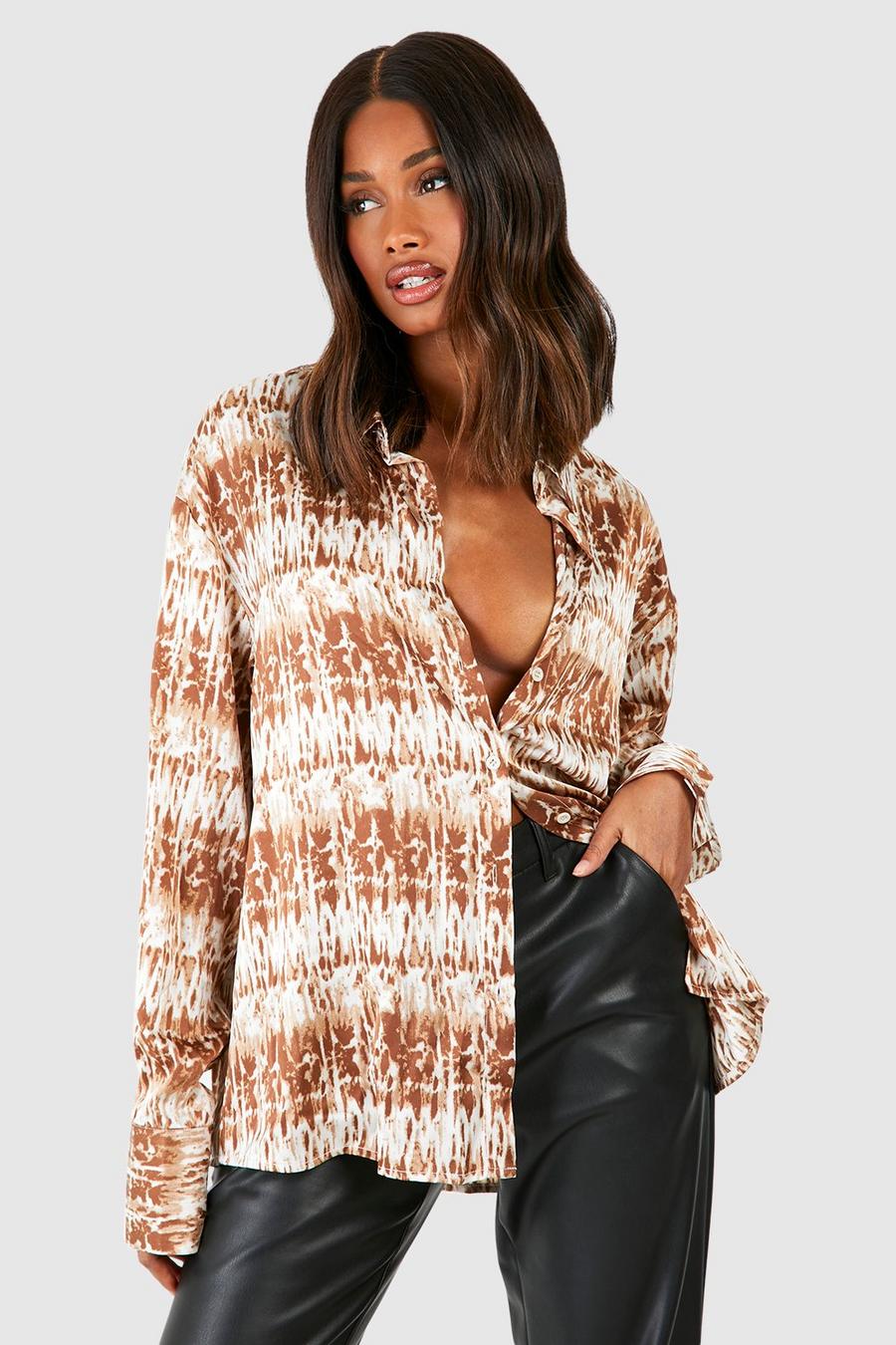 Brown Oversized Abstracte Marmerprint Blouse Met Print