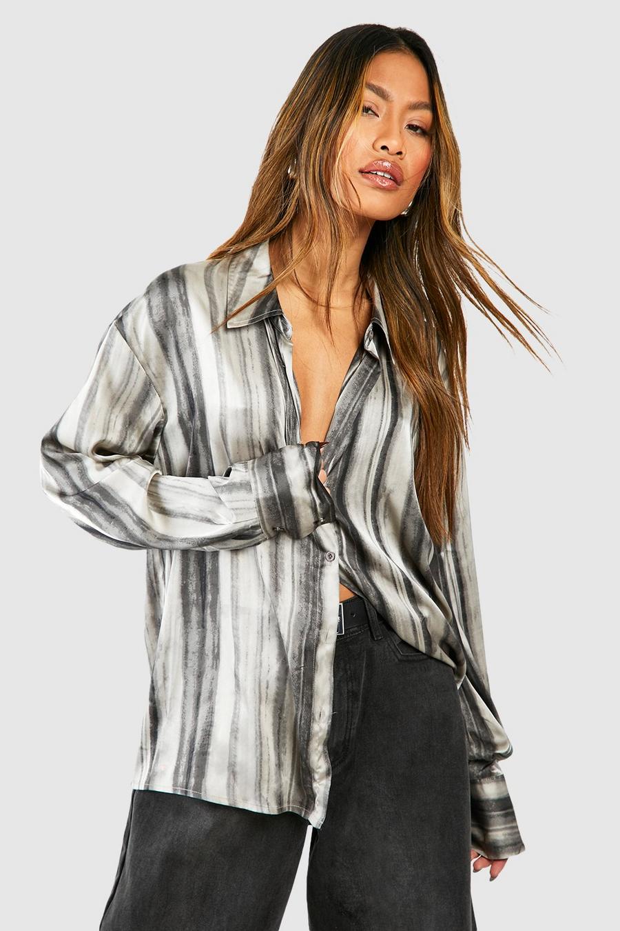 Grey Satin Abstract Stripe Shirt 