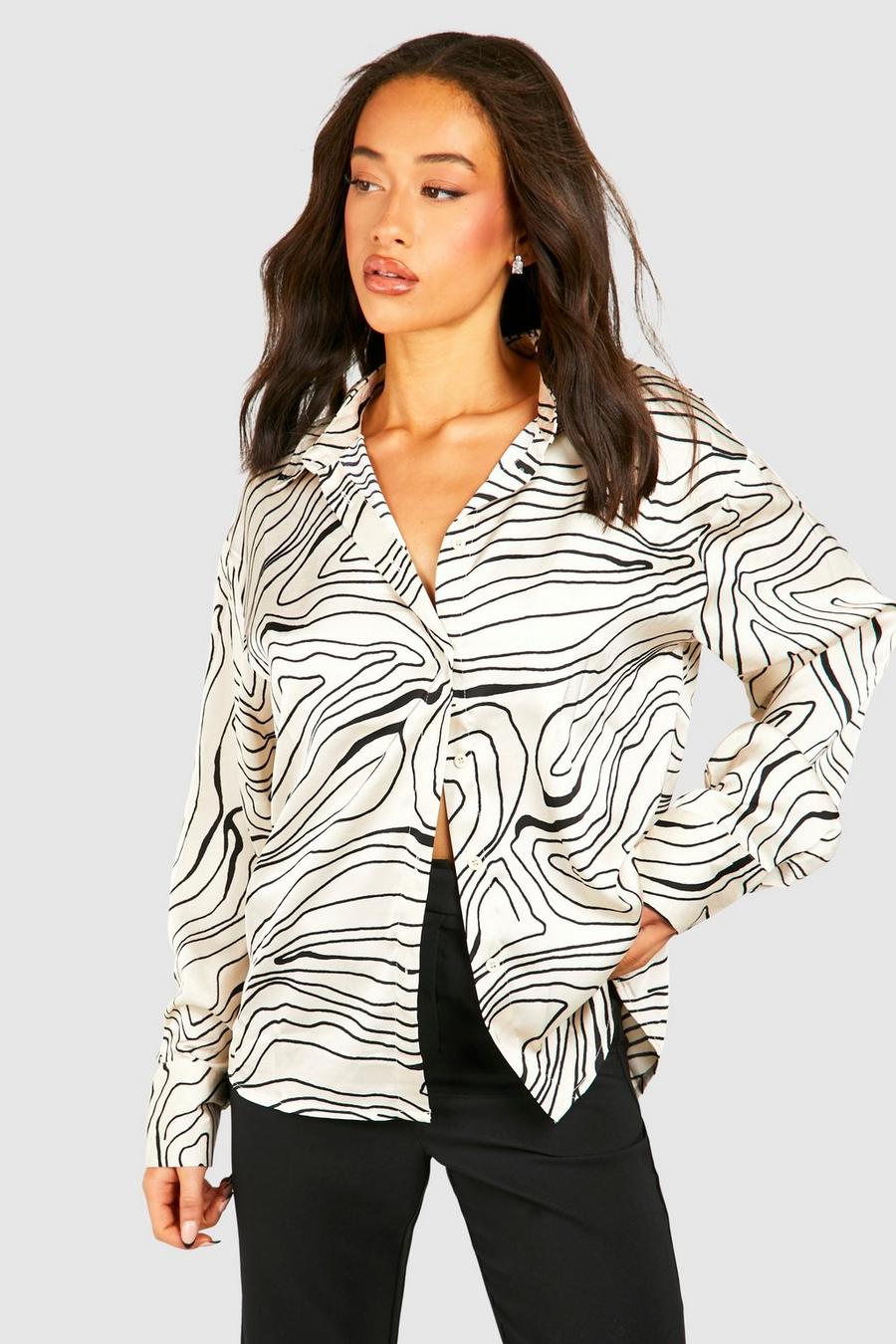 Camisa oversize con estampado abstracto, Cream image number 1