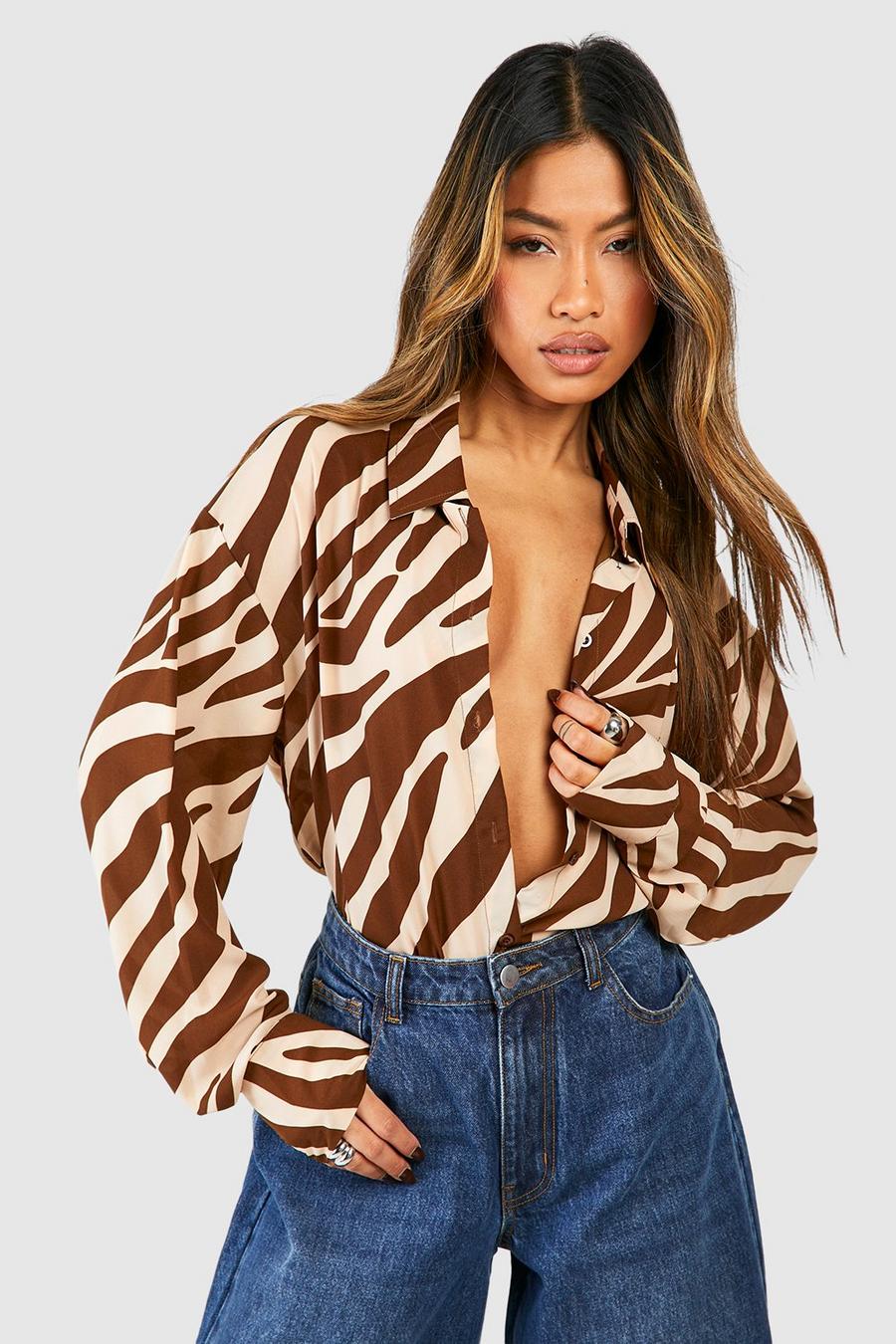 Brown marron Zebra Printed Oversized Shirt 