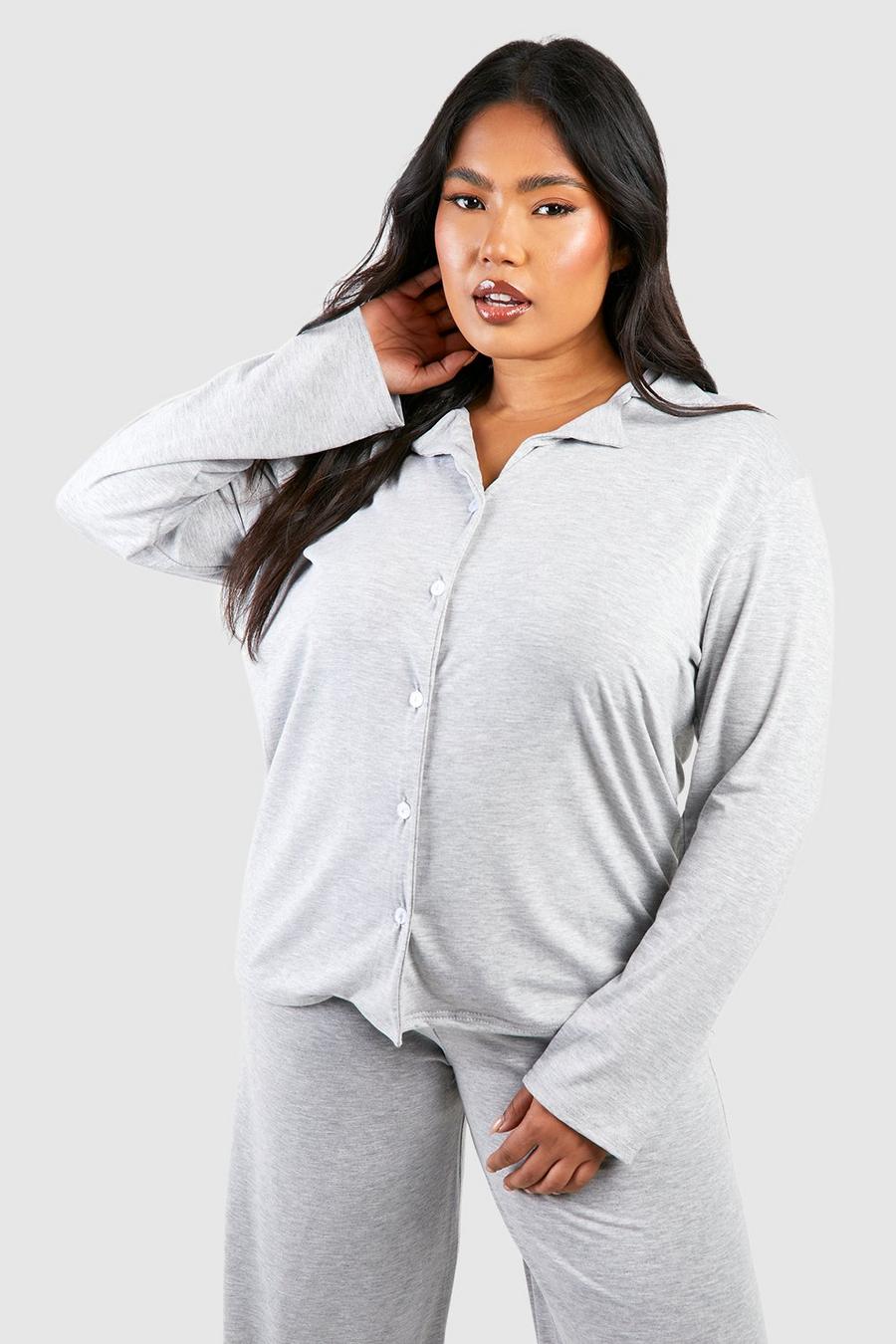 Camisa Plus de pijama de manga larga y tela jersey aterciopelada con botones, Grey marl image number 1