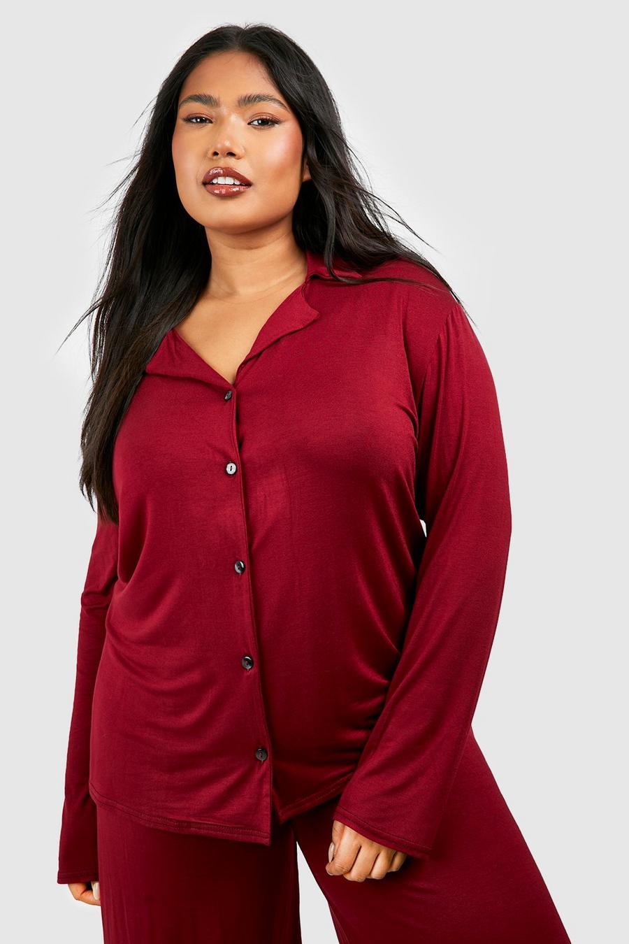 Camicia pigiama Plus Size a maniche lunghe in jersey a effetto vellutato con bottoni, Red