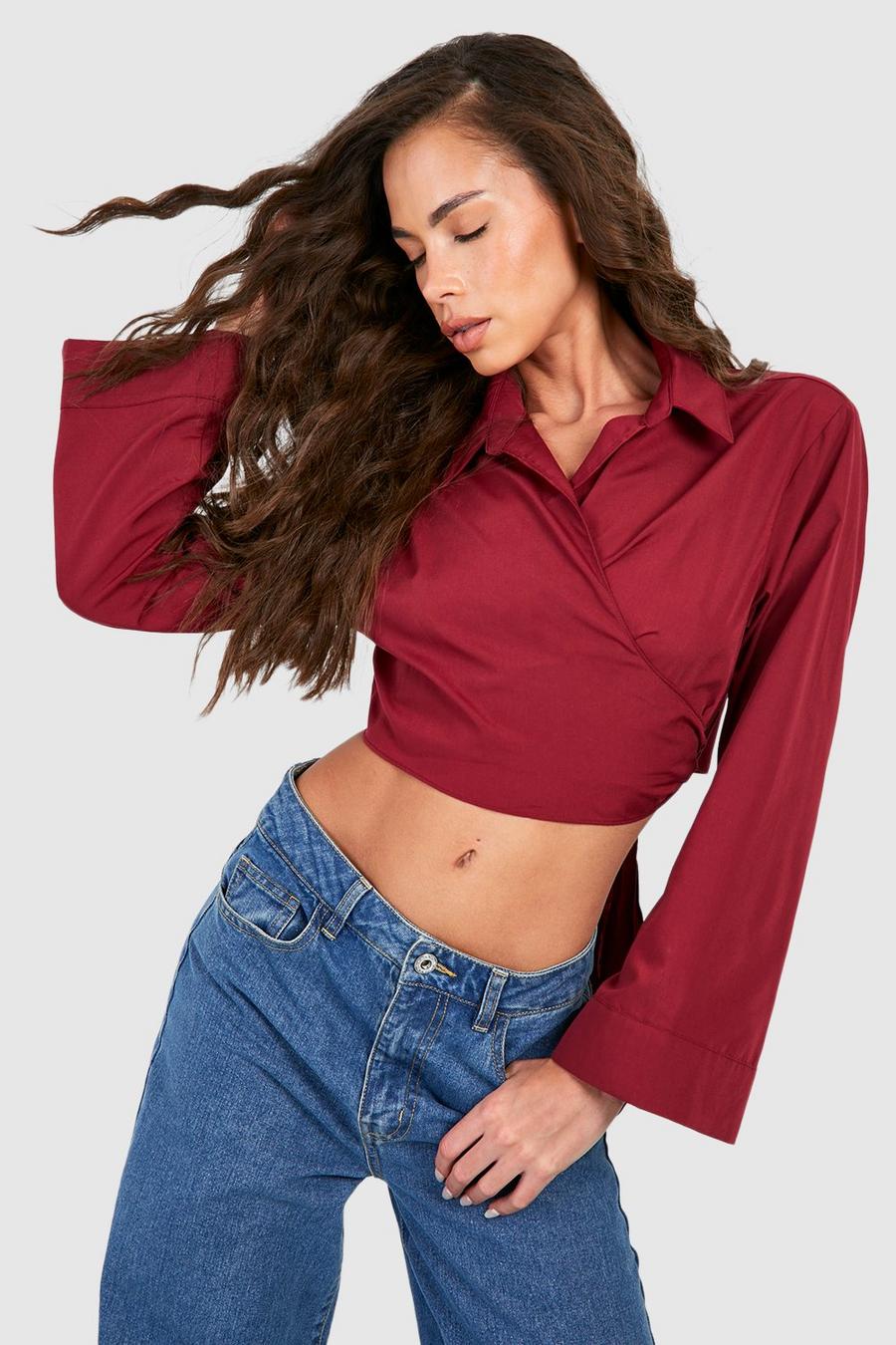 Cherry Wide Sleeve Wrap Tie Cropped Shirt   image number 1